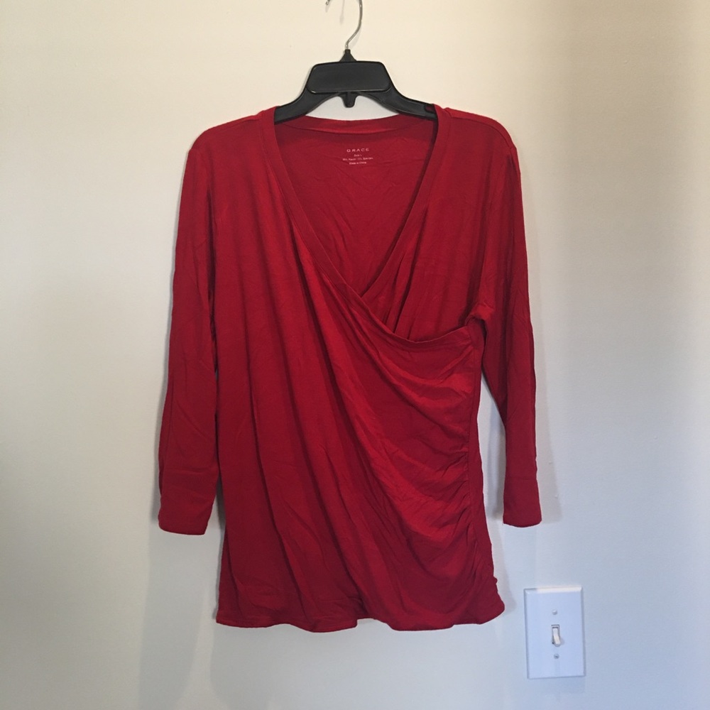 GRACE Red Side Rushed 3/4 length Sleeves L